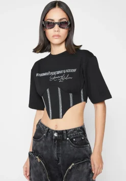 Rhinestone Lace Up Corset T-Shirt