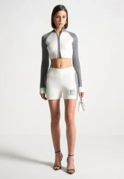 Rib Knit Track Jacket - Off White/Grey