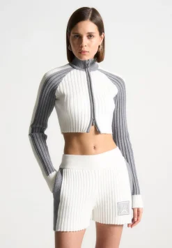 Rib Knit Track Jacket - Off White/Grey