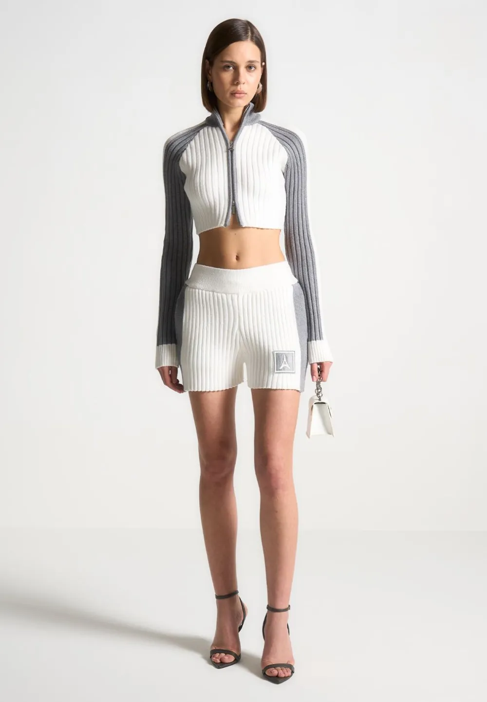 Rib Knit Track Jacket - Off White/Grey