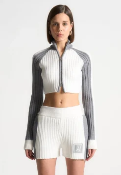 Rib Knit Track Jacket - Off White/Grey