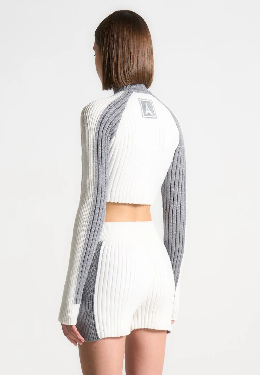 Rib Knit Track Jacket - Off White/Grey