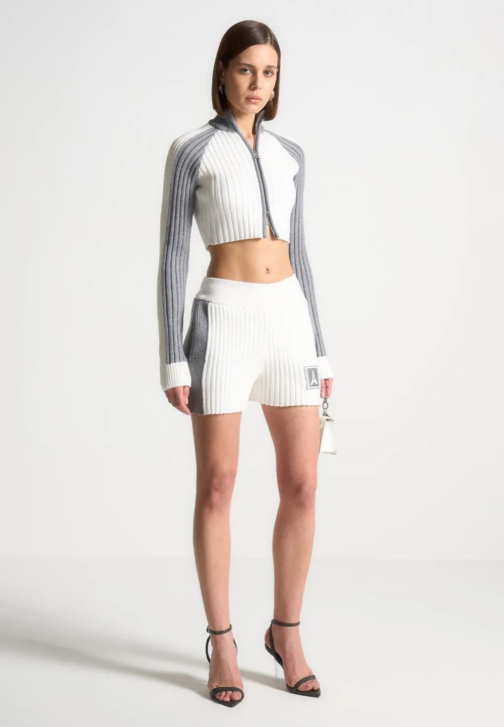 Rib Knit Track Shorts - Off White/Grey