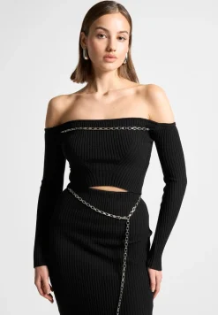 Ribbed Knit Bardot Crop Top With Chain