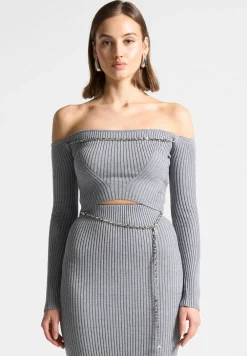 Ribbed Knit Bardot Crop Top With Chain