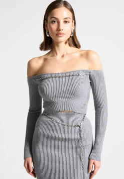 Ribbed Knit Bardot Crop Top With Chain