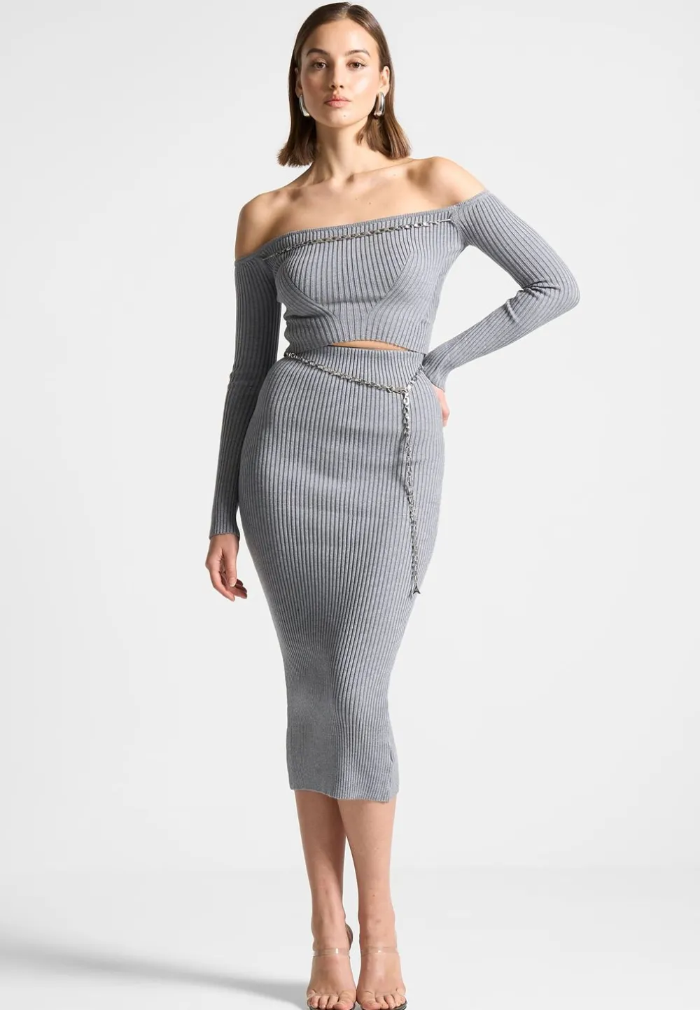 Ribbed Knit Bardot Crop Top With Chain