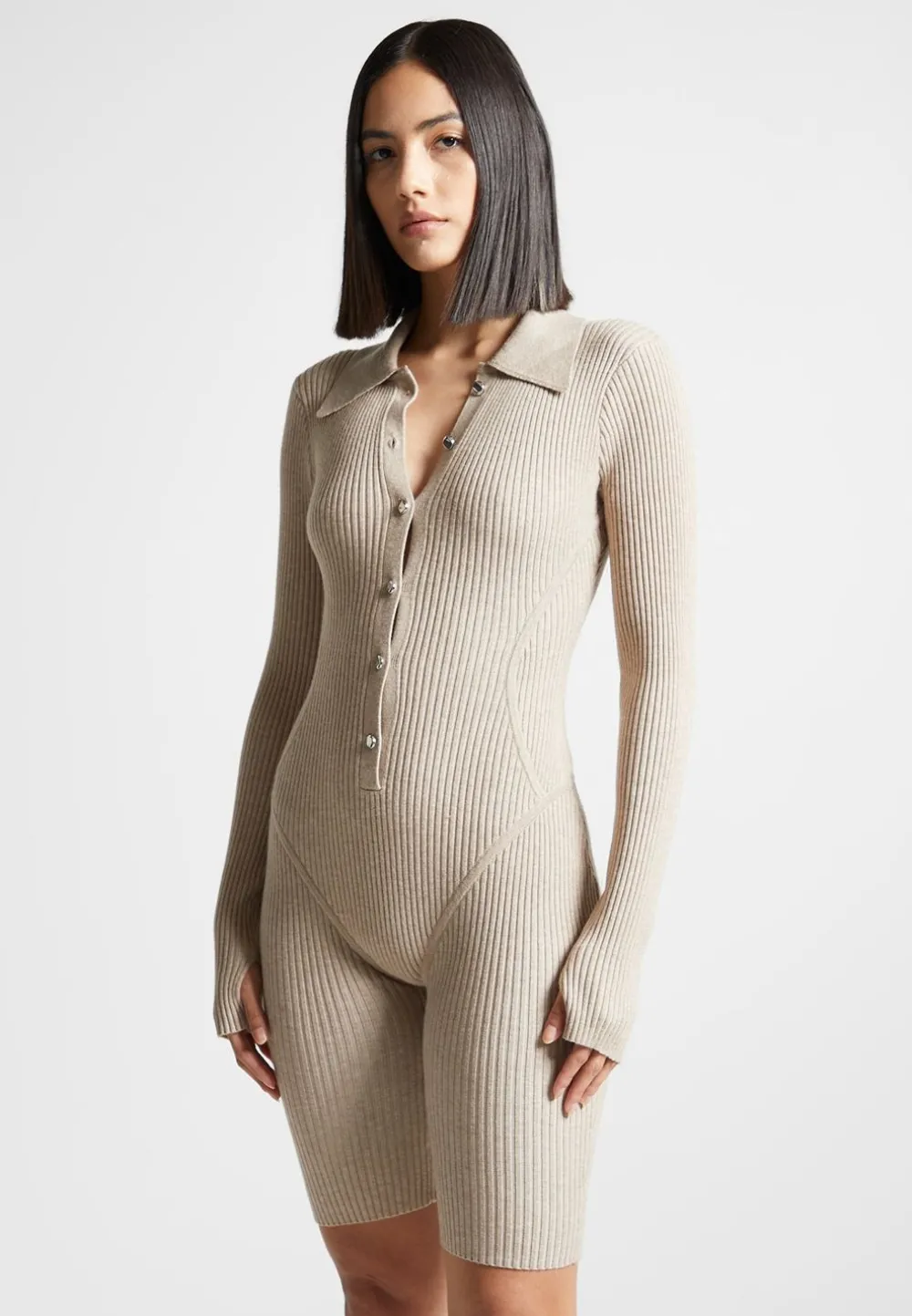 Ribbed Knit Long Sleeve Playsuit