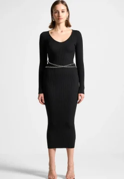 Ribbed Knit Midaxi Dress With Chain Belt