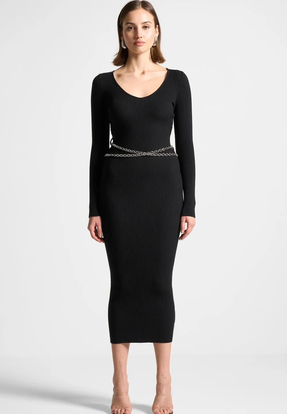 Ribbed Knit Midaxi Dress With Chain Belt