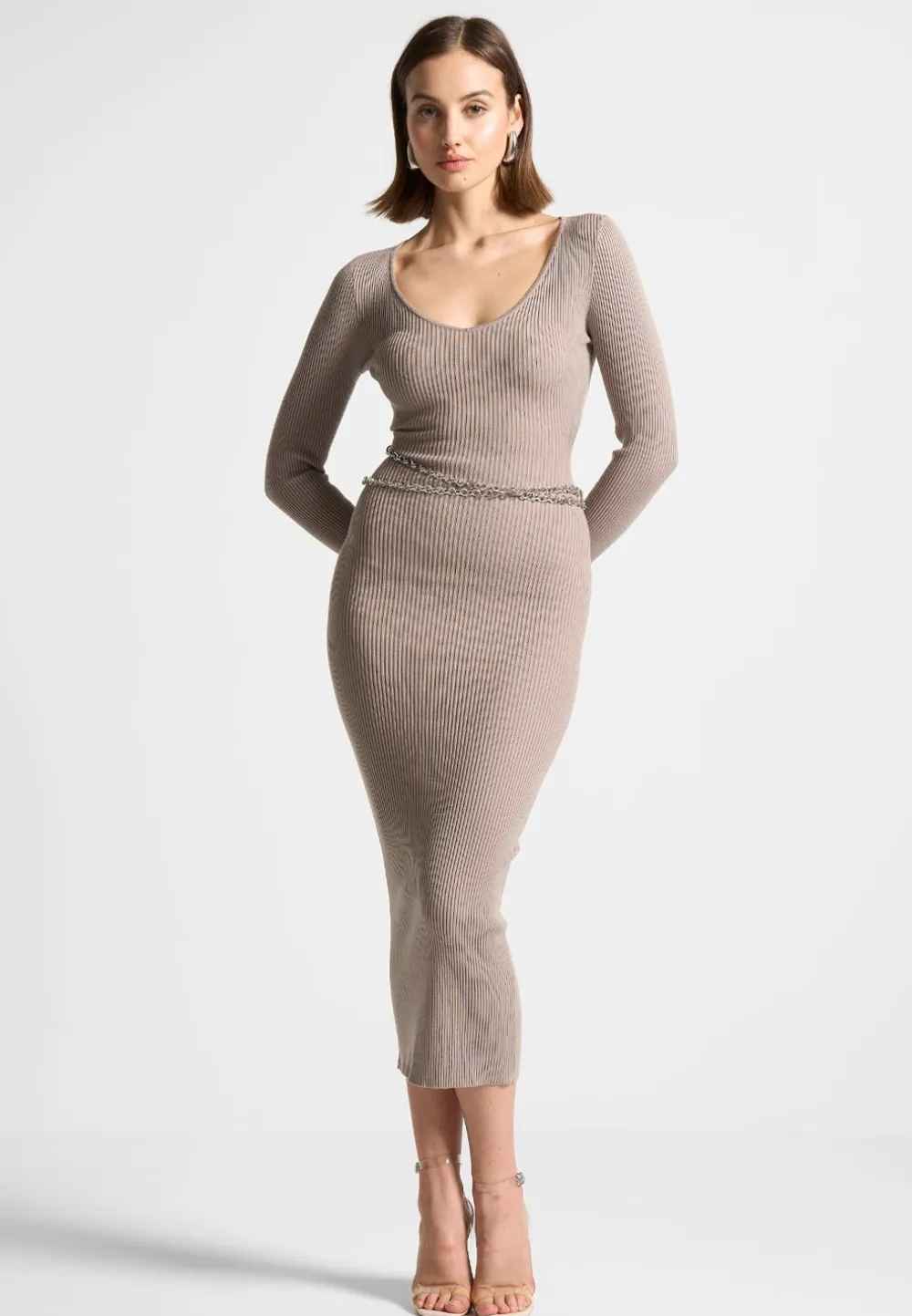 Ribbed Knit Midaxi Dress With Chain Belt
