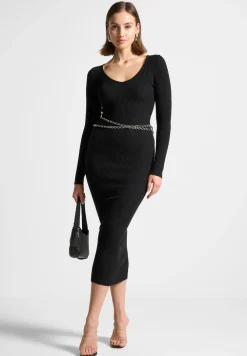 Ribbed Knit Midaxi Dress With Chain Belt