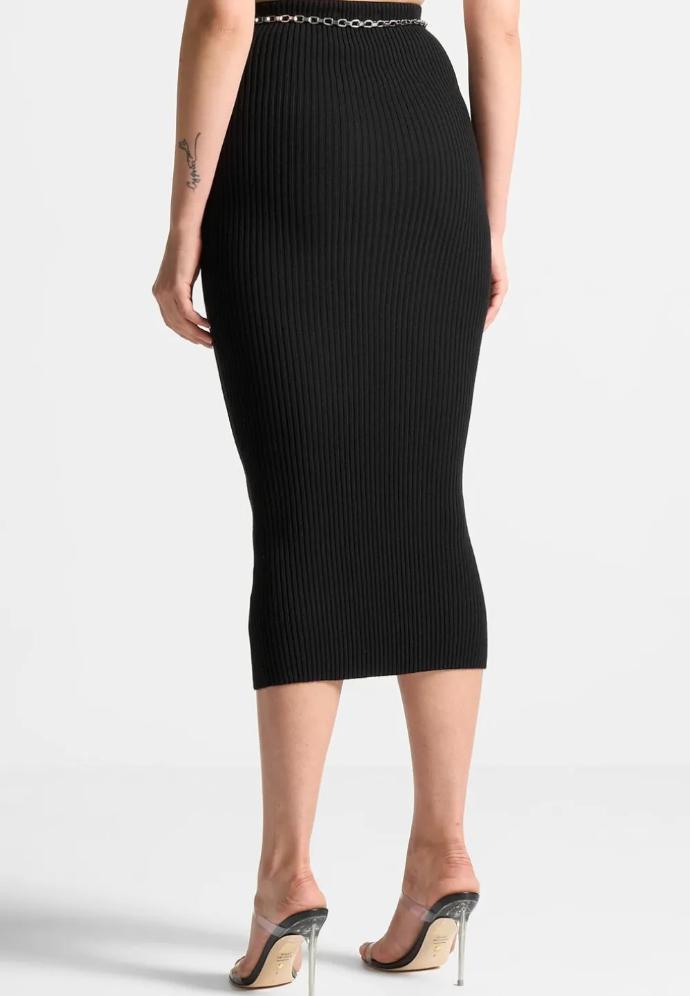Ribbed Knit Midaxi Skirt With Chain Belt