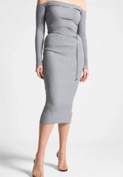 Ribbed Knit Midaxi Skirt With Chain Belt
