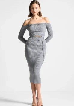 Ribbed Knit Midaxi Skirt With Chain Belt