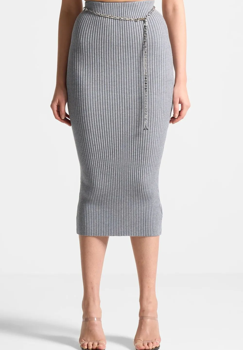 Ribbed Knit Midaxi Skirt With Chain Belt