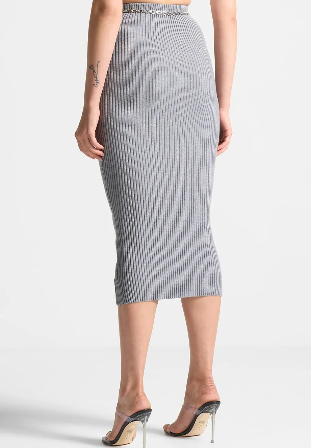 Ribbed Knit Midaxi Skirt With Chain Belt