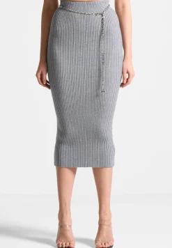 Ribbed Knit Midaxi Skirt With Chain Belt