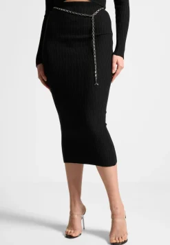 Ribbed Knit Midaxi Skirt With Chain Belt