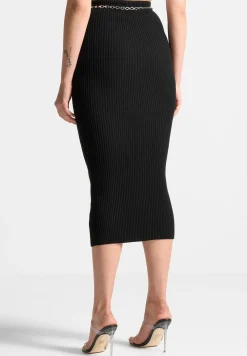 Ribbed Knit Midaxi Skirt With Chain Belt