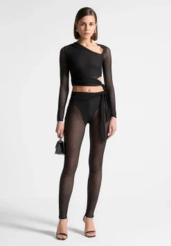Ribbed Sheer Leggings With Tie