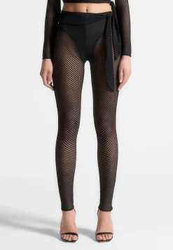 Ribbed Sheer Leggings With Tie