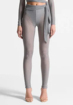 Ribbed Sheer Leggings With Tie