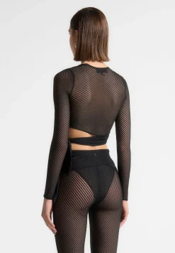 Ribbed Sheer Top With Tie