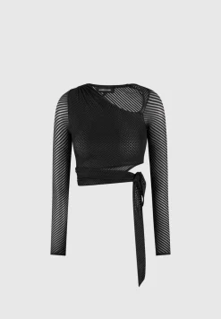 Ribbed Sheer Top With Tie