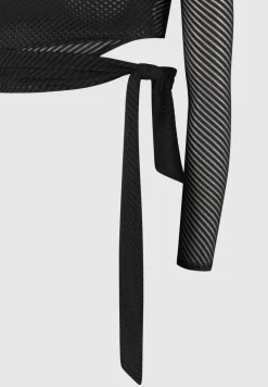 Ribbed Sheer Top With Tie