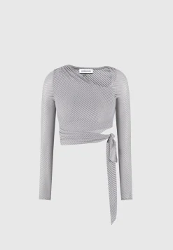 Ribbed Sheer Top With Tie