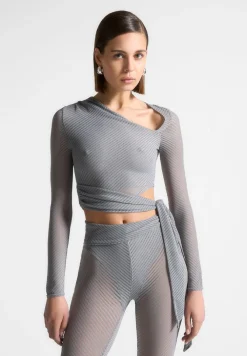 Ribbed Sheer Top With Tie