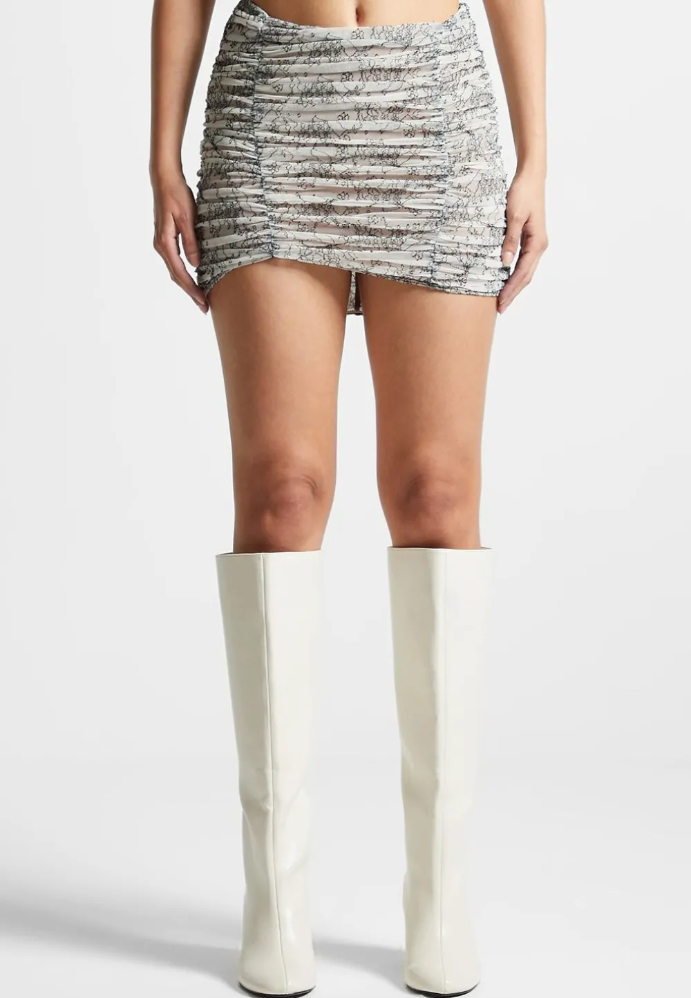 Ruched Lace Asymmetric Mini Skirt