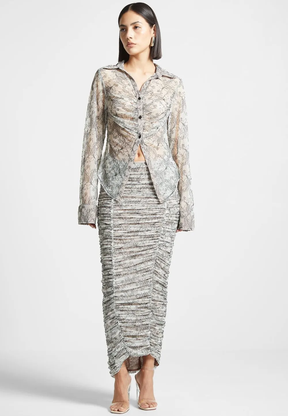 Ruched Lace Asymmetric Midaxi Skirt