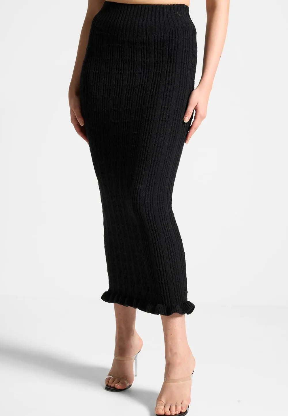 Ruffle Hem Ribbed Knit Midaxi Skirt