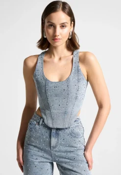 Scattered Rhinestone Denim Corset Top