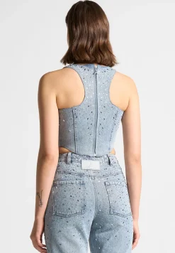 Scattered Rhinestone Denim Corset Top