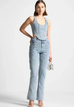 Scattered Rhinestone Denim Corset Top