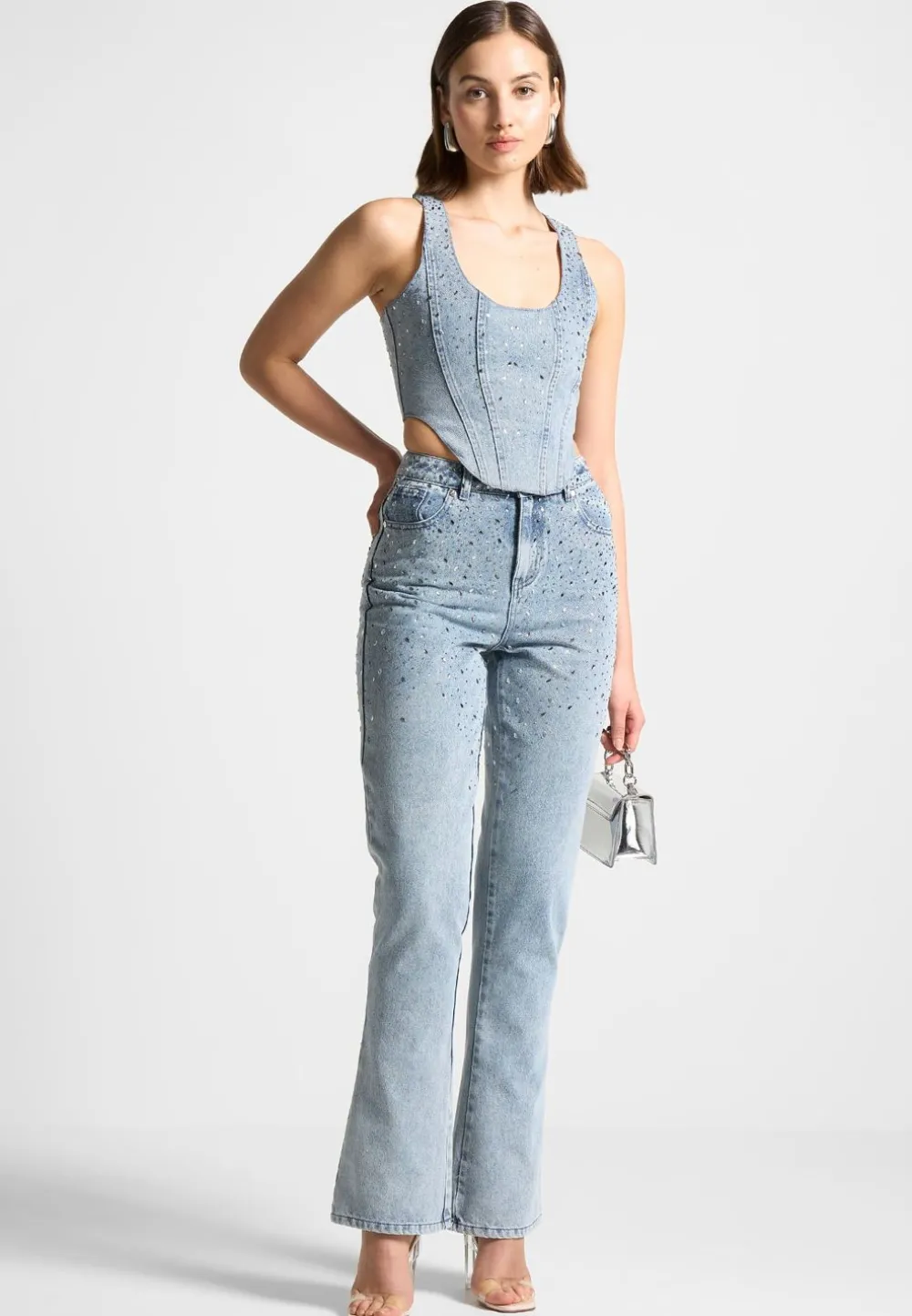 Scattered Rhinestone Denim Corset Top