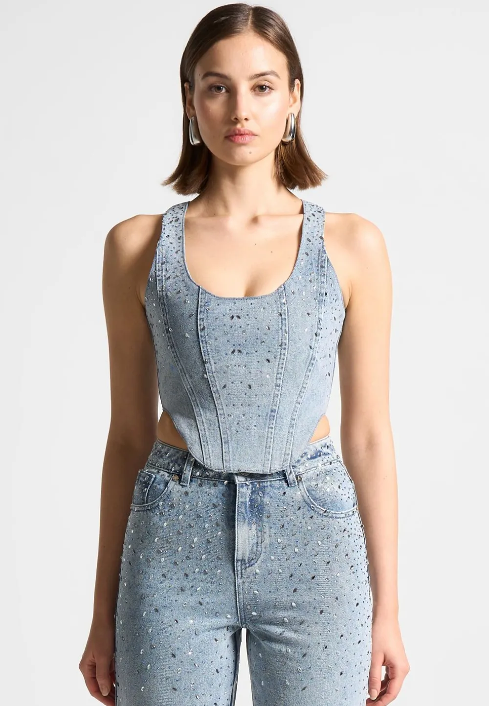 Scattered Rhinestone Denim Corset Top