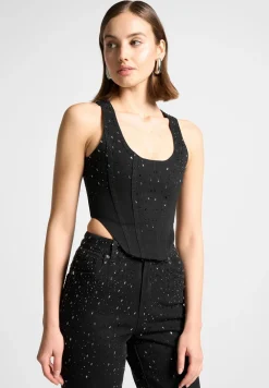 Scattered Rhinestone Denim Corset Top