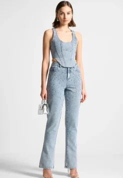 Scattered Rhinestone Mini Flare Jeans