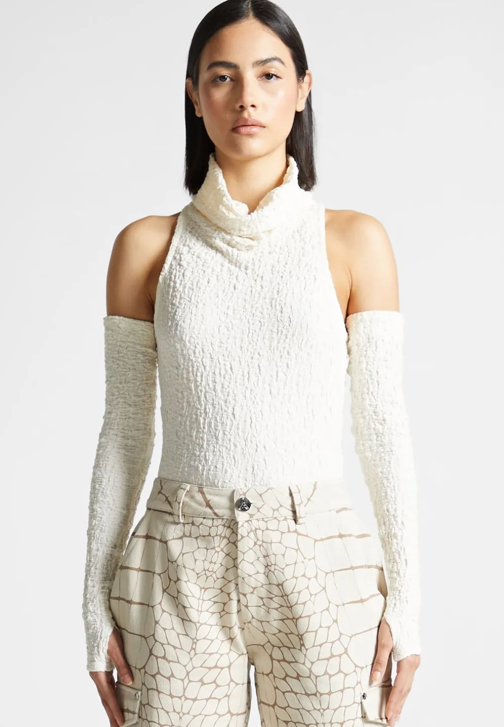 Seersucker Cowl Neck Bodysuit