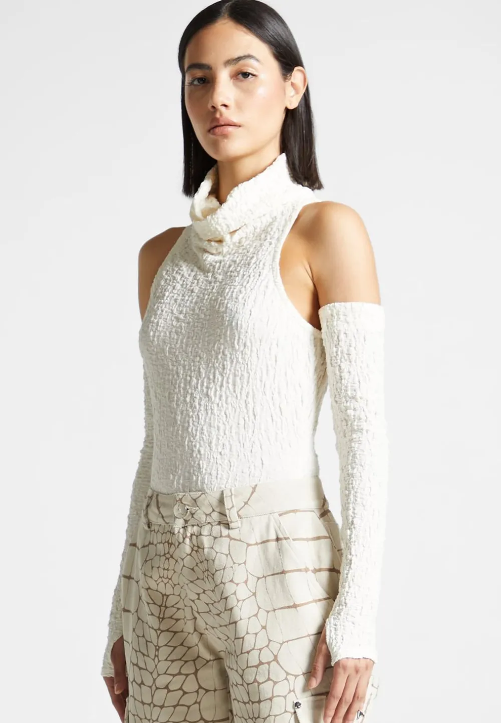 Seersucker Cowl Neck Bodysuit