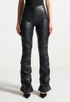 Tacked Vegan Leather Flared Trousers