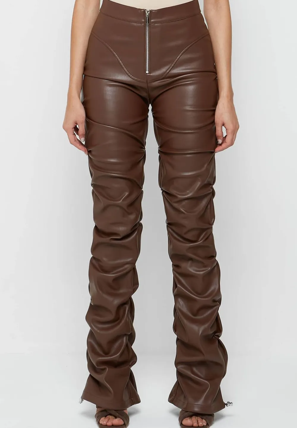 Tacked Vegan Leather Flared Trousers