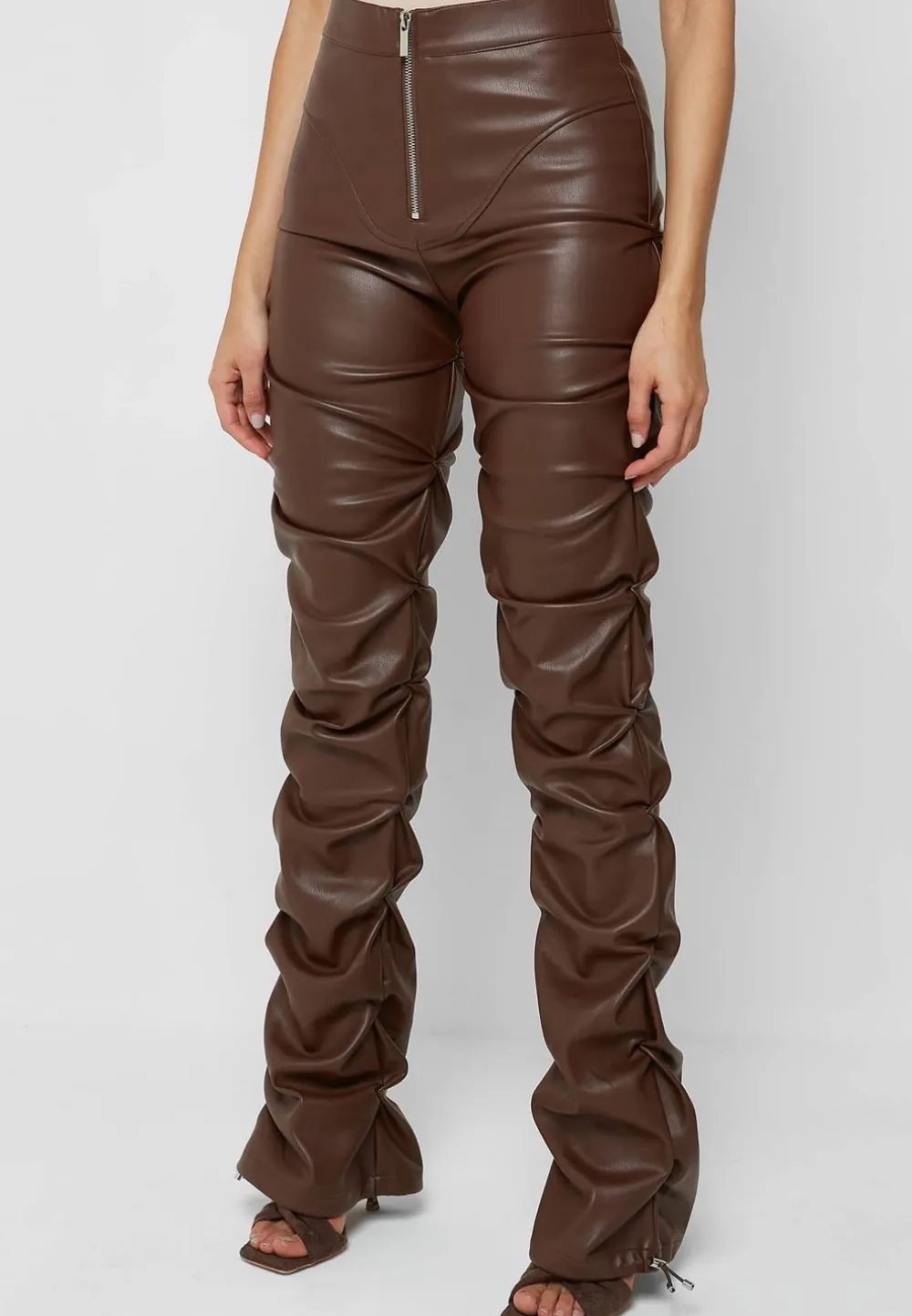 Tacked Vegan Leather Flared Trousers