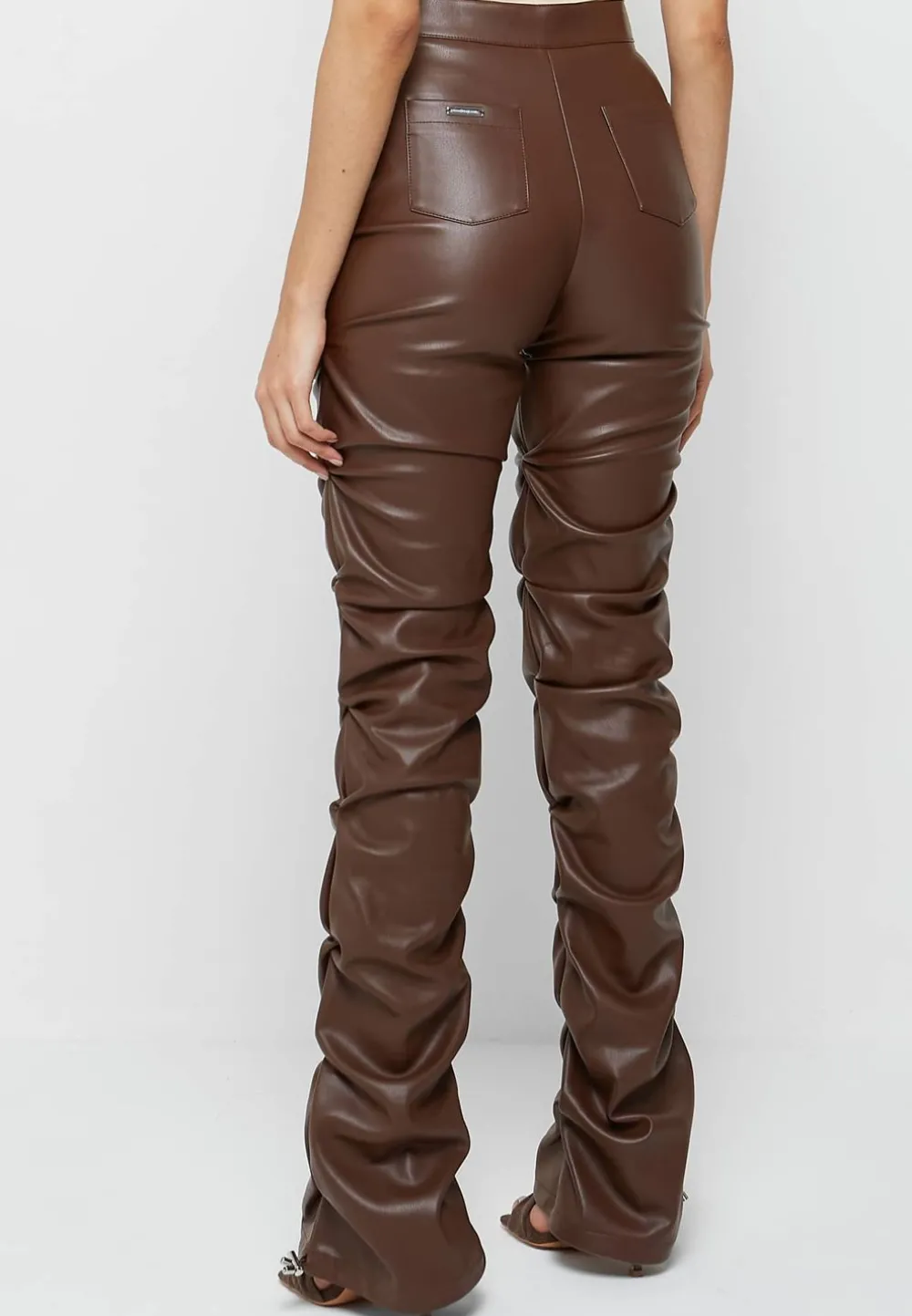 Tacked Vegan Leather Flared Trousers