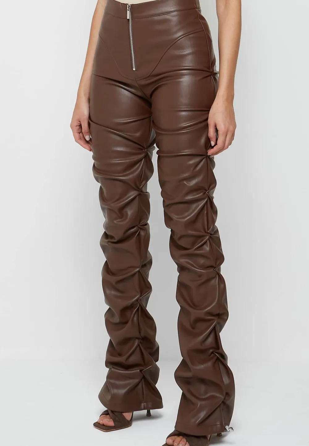 Tacked Vegan Leather Flared Trousers