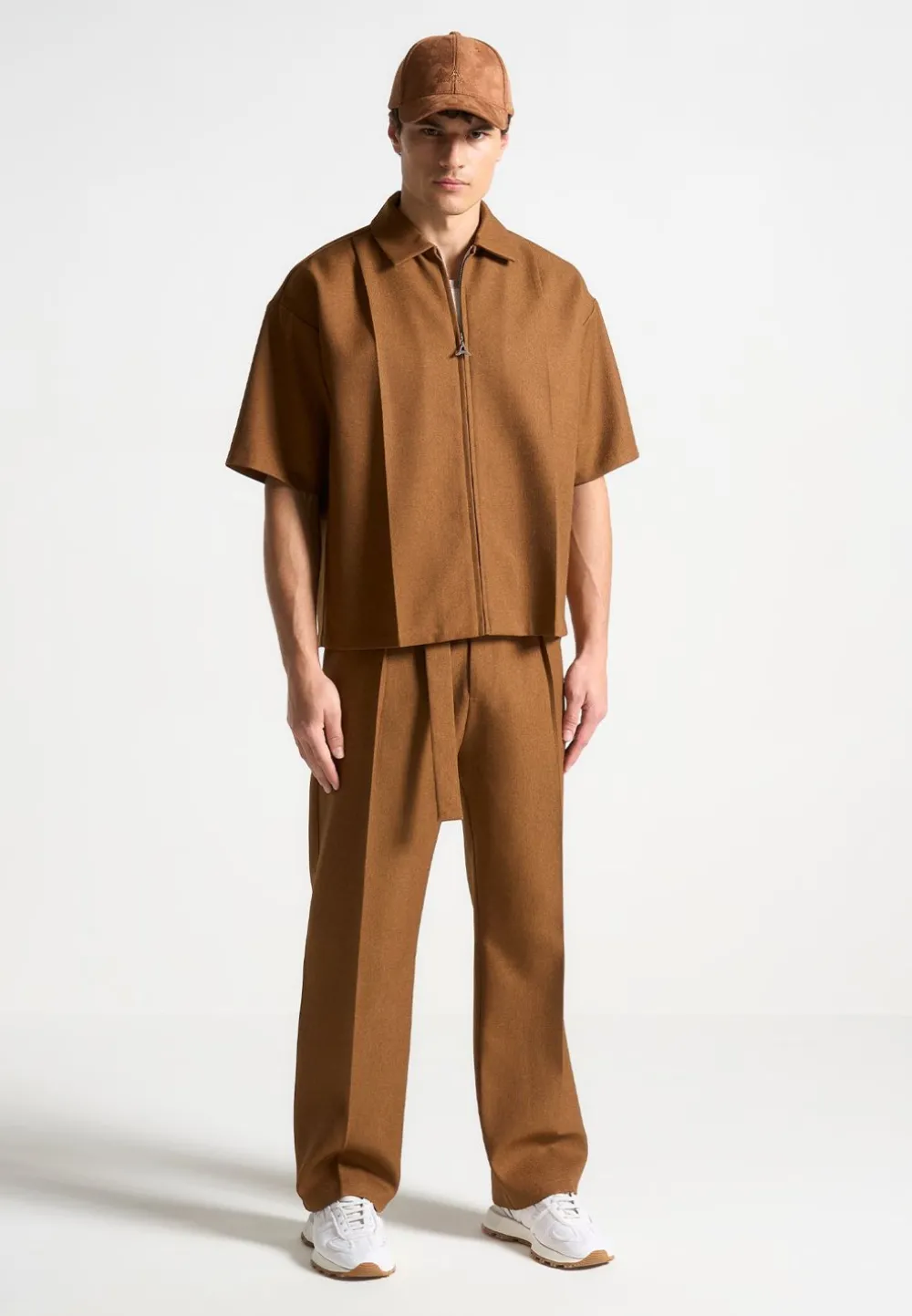 Textured Belted Tailored Trousers